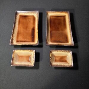 Pier One‎ Speckled Brown Sushi Rectangular Plates & Soy Bowl Set of 2